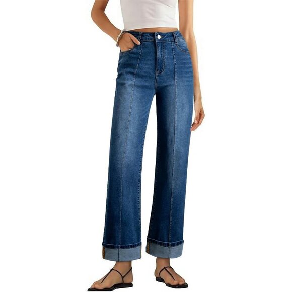 Denim - High Waisted Wide Leg Stretch Denim Jeans with Cuffed Hem & Pockets